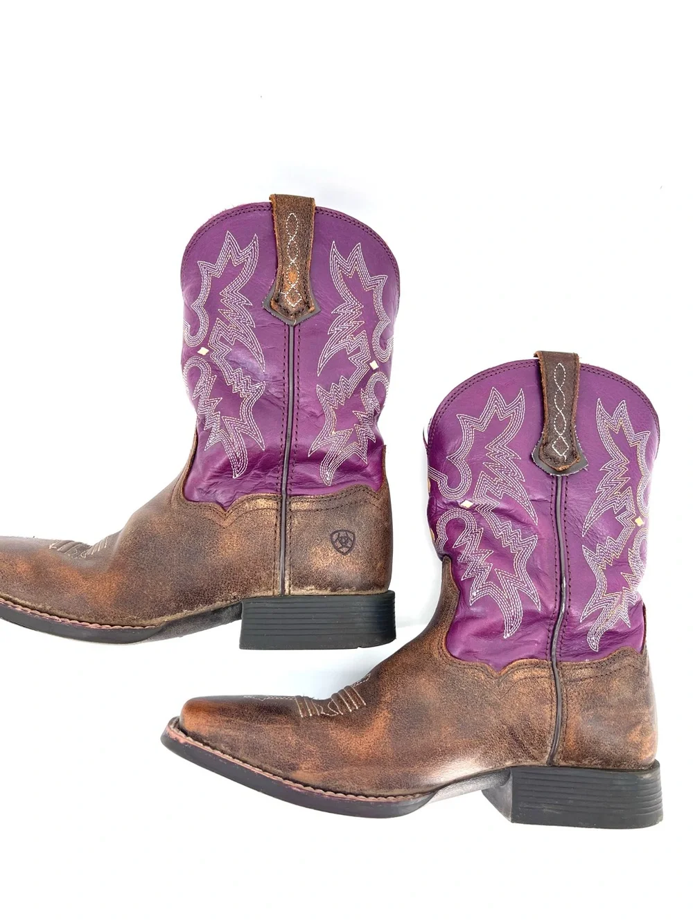ARIAT GIRLS' TOMBSTONE WESTERN BOOTS BROAD SQUARE TOE Sz 5 Purple Brown Cowgirl